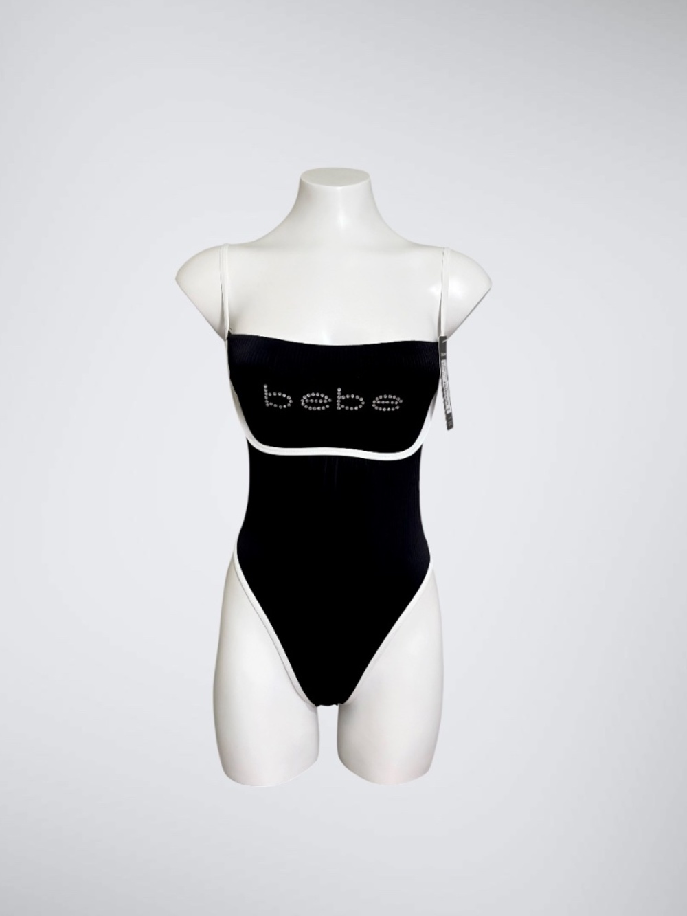 NWT Bebe Rhinestoned Logo Ribbed One Piece Swimsuit Black White Binding
